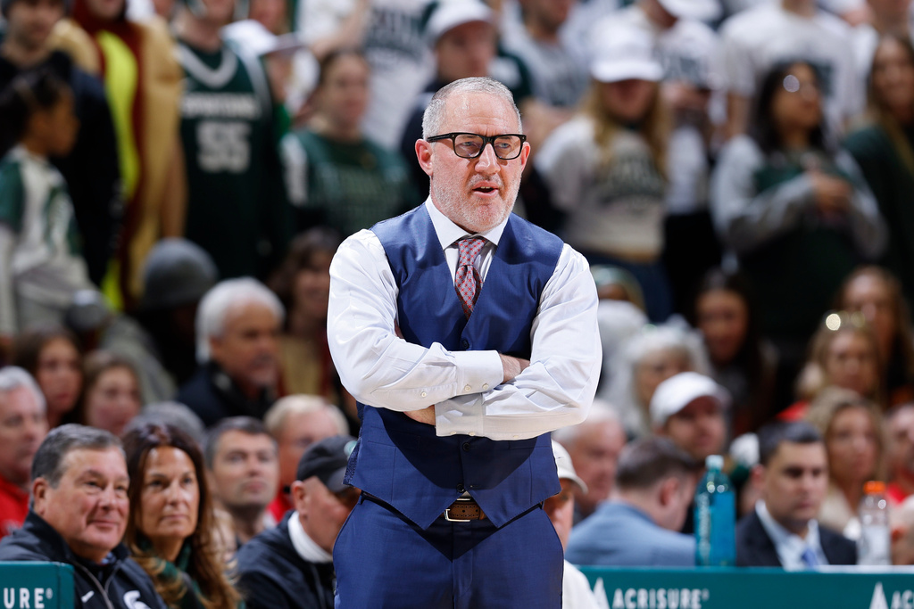 Maryland coach Buzz Williams watches during the first half of an NCAA college basketball game, Saturday, Jan. 24, 2026, in East Lansing, Mich. (AP Photo/Al Goldis)