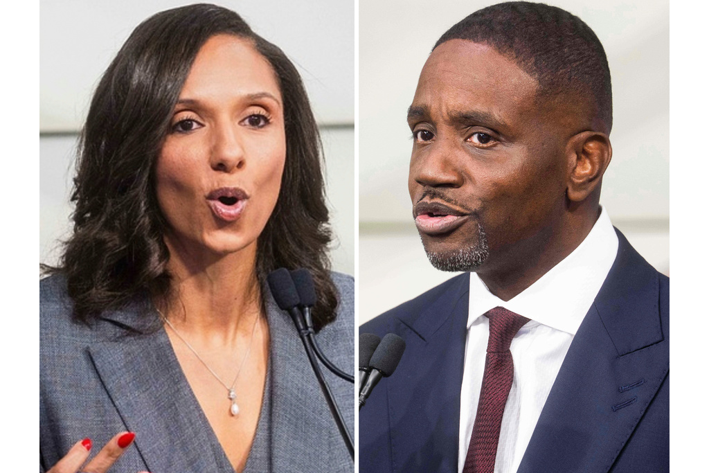 This photo combination shows Detroit City Council President Mary Sheffield and Solomon Kinloch Jr., during a televised debate Oct. 15, 2025, at the WXYZ-TV studio in Southfield, Mich. (Katy Kildee/Detroit News via AP, File)