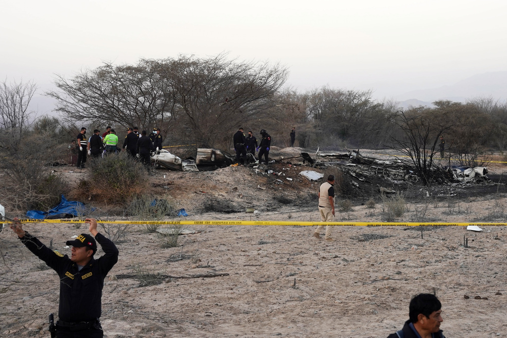 Police inspect the wreckage of a plane that crashed during a sightseeing flight carrying tourists over the Nazca Lines in Peru, Saturday, Aug. 1, 2026. (AP Photo/Genry Bautista)