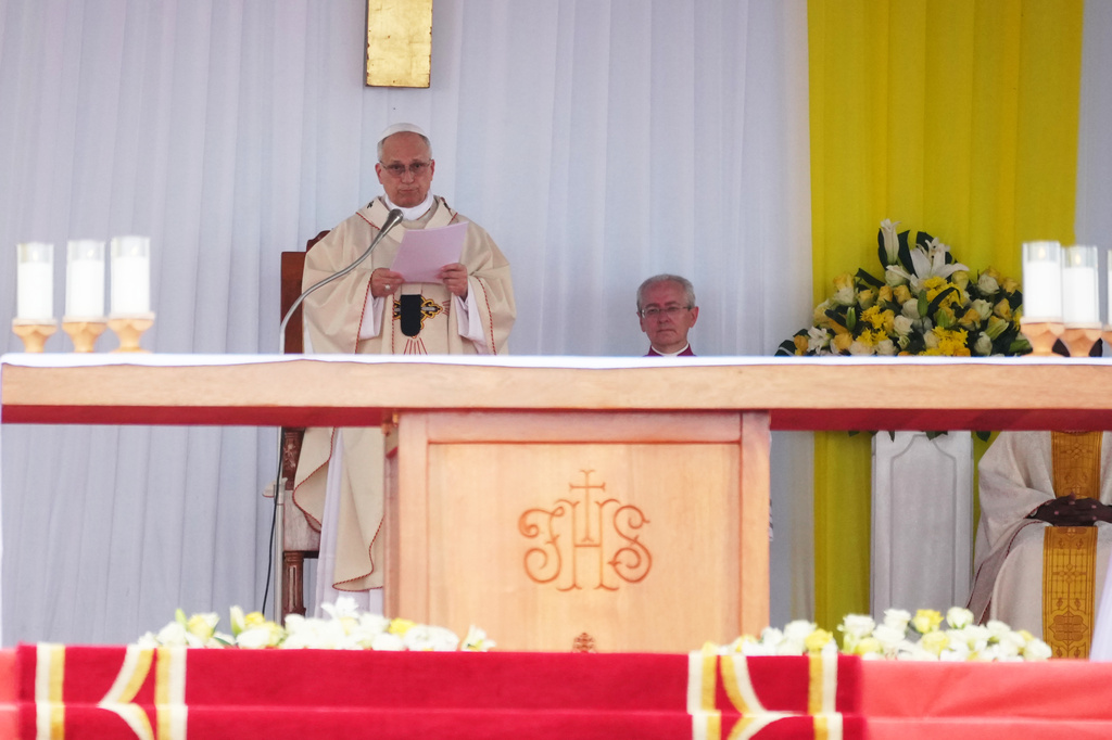 Pope Leo XIV delivers the homily during Mass at the Japoma Stadium, in Douala, Cameroon, Friday, April 17, 2026 on the fifth day of his 11-day pastoral visit to Africa. (AP Photo/Andrew Medichini)
