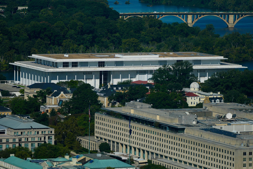 The John F. Kennedy Center for the Performing Arts as seen from the Washington Monument, Tuesday, Sept. 15, 2026, in Washington. (AP Photo/Pablo Martinez Monsivais)