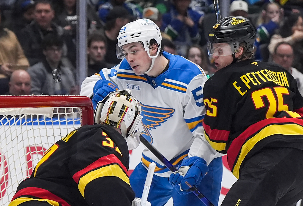 St. Louis Blues' Dalibor Dvorsky (54) and Vancouver Canucks' Elias Pettersson (25) watch the puck bounce off the top of the net behind goalie Kevin Lankinen (32) during the second period of an NHL hockey game against the Vancouver Canucks in Vancouver, Saturday, March 21, 2026. (Darryl Dyck/The Canadian Press via AP)