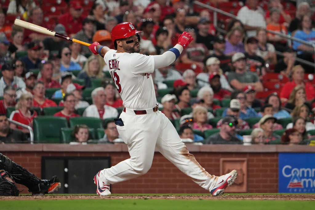 St. Louis Cardinals' Leo Bernal follows through on an RBI single during the fifth inning of a baseball game against the San Francisco Giants Monday, Sept. 14, 2026, in St. Louis. (AP Photo/Jeff Roberson)