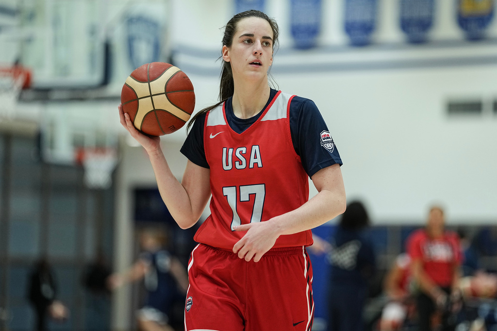 FILE - Caitlin Clark (17) takes part in drills during a training camp for the U.S women's national basketball team Dec. 12, 2025, in Durham, N.C. (AP Photo/Matt Kelley, File)
