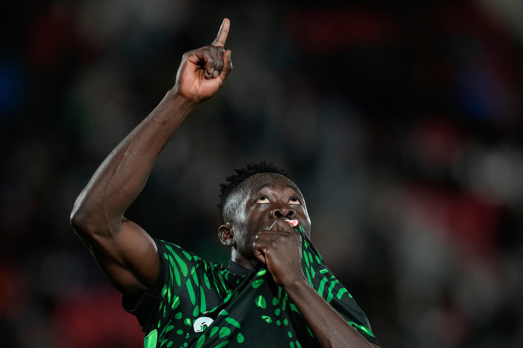 Nigeria's Akor Adams celebrates after scoring his side's fourth goal during the Africa Cup of Nations round of 16 soccer match between Nigeria and Mozambique in Fez, Morocco, Monday, Jan. 5, 2026. (AP Photo/Themba Hadebe)