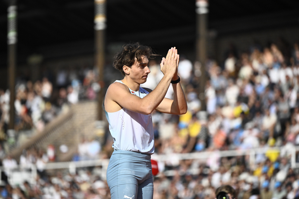 Sweden's Armand Duplantis reacts after the men's pole vault competition at the IAAF Diamond League athletics meeting in Stockholm, Sweden, Sunday, June 7, 2026. (Christine Olsson/TT News Agency via AP)