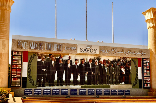 A mural depicting some of the world leaders who attended the1996 peace conference is seen on the main road in Sharm el-Sheikh, Egypt, Monday, Oct. 6, 2025. (AP Photo/Ahmed Hassan) A mural depicting some of the world leaders who attended the1996 peace conference is seen on the main road in Sharm el-Sheikh, Egypt, Monday, Oct. 6, 2025. (AP Photo/Ahmed Hassan)