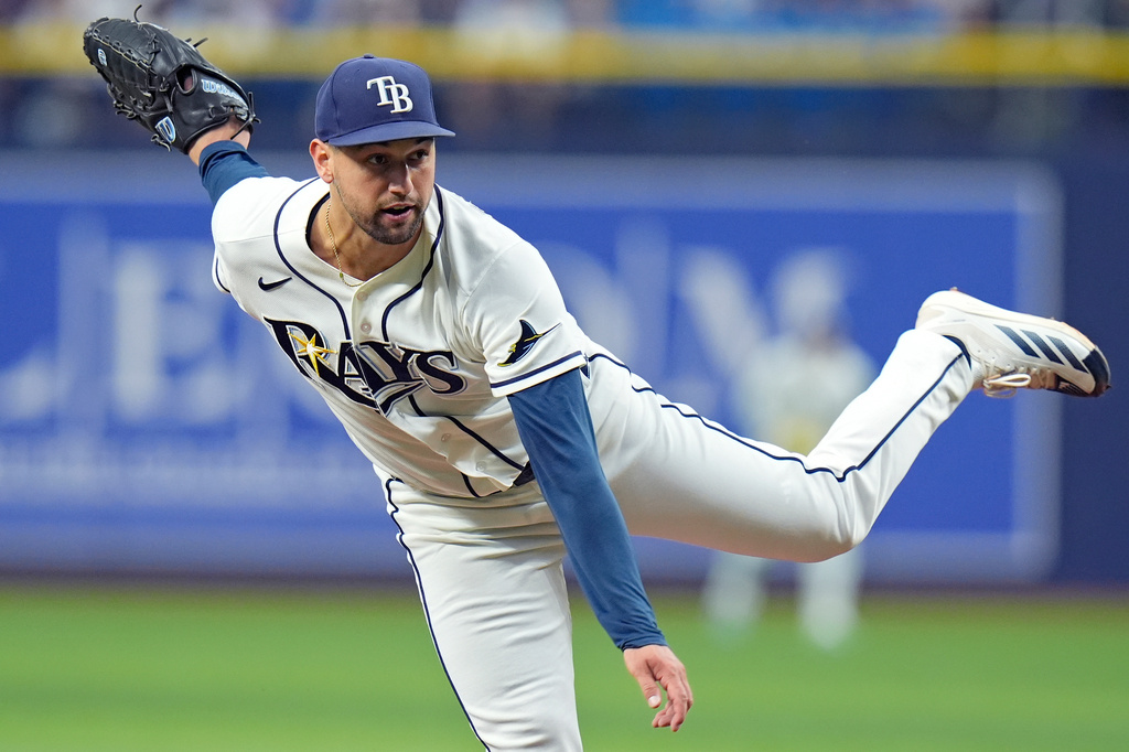 Tampa Bay Rays' Ian Seymour follows through on a pitch to the Houston Astros during the first inning of a baseball game Saturday, Sept. 12, 2026, in St. Petersburg, Fla. (AP Photo/Chris O'Meara)