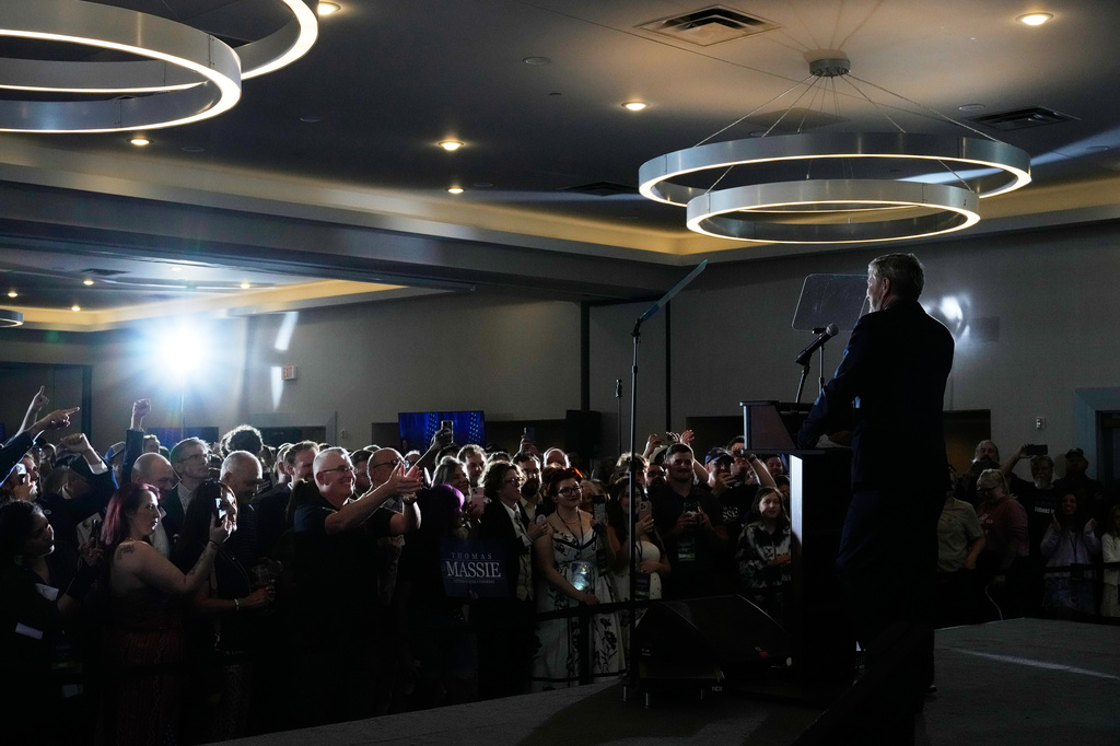 Rep. Thomas Massie, R-Ky., speaks during an election night watch party after losing the Republican party's nomination at the Marriott Cincinnati Airport, Tuesday, May 19, 2026, in Hebron, Ky. (AP Photo/Carolyn Kaster)