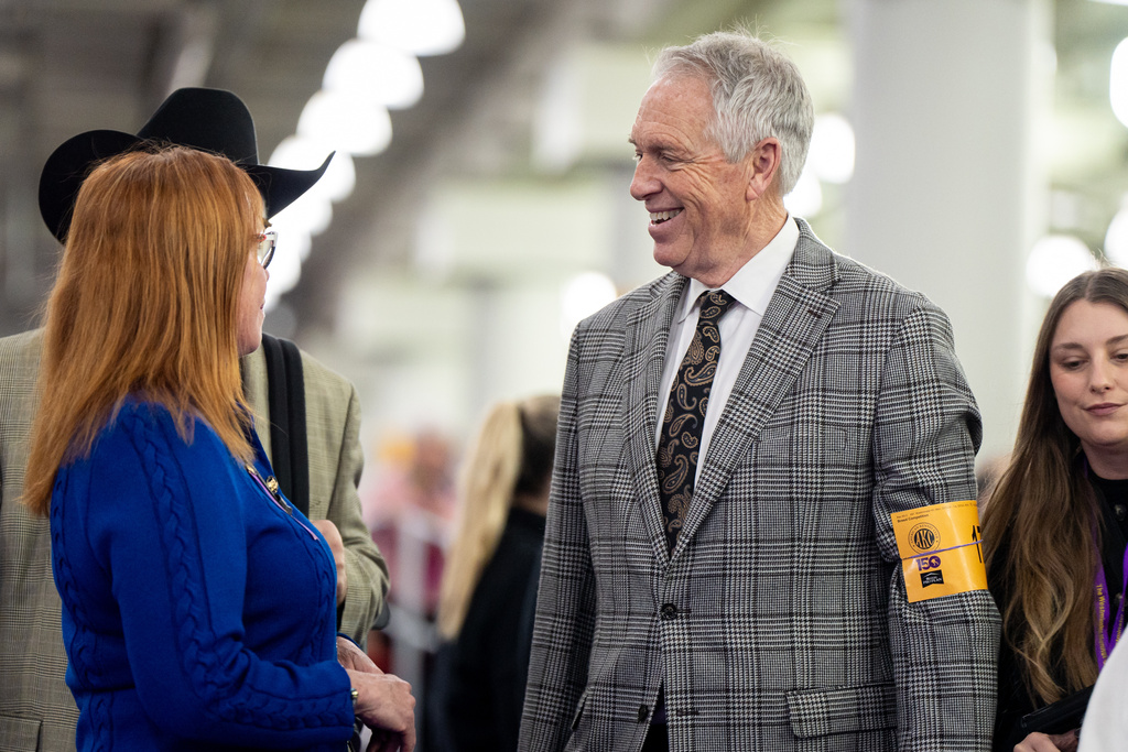 Bill McFadden, a seasoned dog handler, socializes at the 150th Westminster Kennel Club Dog Show, Monday, Feb. 2, 2026, in New York. (AP Photo/Angelina Katsanis)