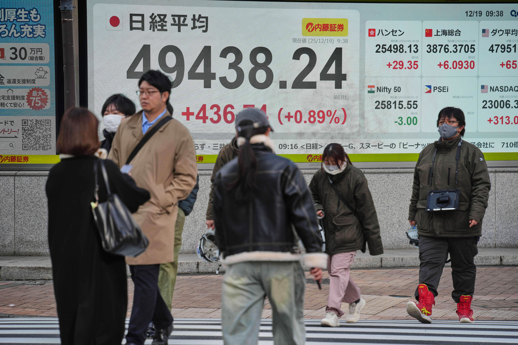 People walk in front of an electronic stock board showing Japan's Nikkei index at a securities firm Friday, Dec. 19, 2025, in Tokyo. (AP Photo/Eugene Hoshiko)