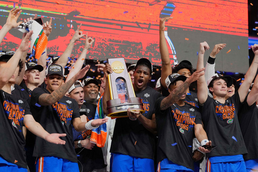 FILE - Florida celebrates after beating Houston in the national championship at the Final Four of the NCAA college basketball tournament, Monday, April 7, 2025, in San Antonio. (AP Photo/Eric Gay, File) FILE - Florida celebrates after beating Houston in the national championship at the Final Four of the NCAA college basketball tournament, Monday, April 7, 2025, in San Antonio. (AP Photo/Eric Gay, File)