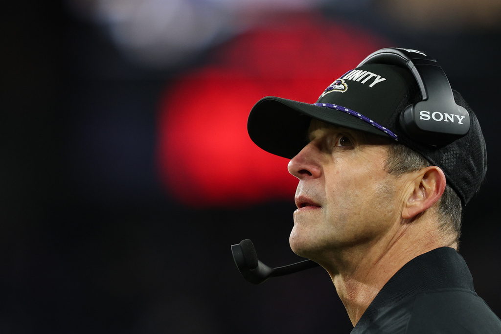 FILE - Baltimore Ravens head coach John Harbaugh looks on from the sideline during the second half of an NFL football game against the New England Patriots, Sunday, Dec. 21, 2025, in Baltimore. (AP Photo/Terrance Williams, File)