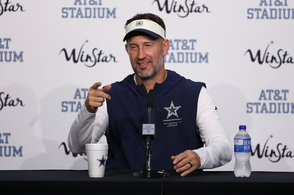 Dallas Cowboys head coach Brian Schottenheimer speaks at a press conference following a preseason NFL football game against the New Orleans Saints, Friday in Arlington, Texas, Friday, August 28, 2026. (AP Photo/Gareth Patterson)