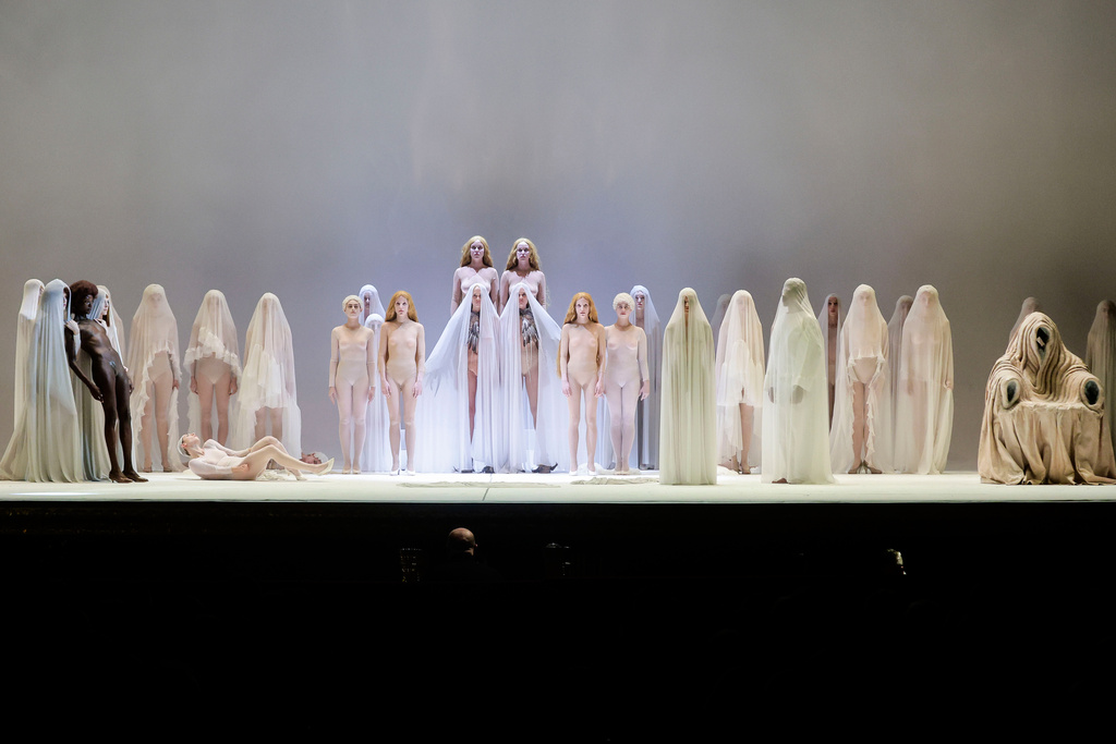 EDS NOTE: NUDITY - Actors perform during the general rehearsal of Ennio Morricone's only opera, Partenope, at the San Carlo Theatre, in Naples, Italy, Thursday, Dec. 11, 2025. (AP Photo/Salvatore Laporta)