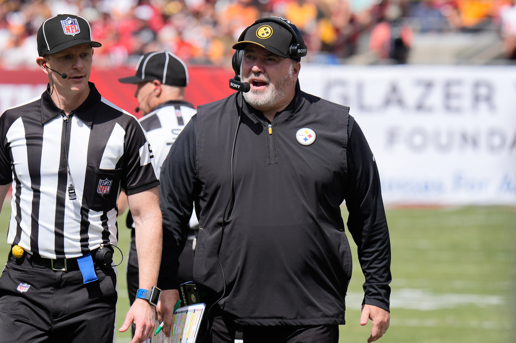 Pittsburgh Steelers head coach Mike McCarthy talks on the sidelines during the first half of an NFL football game against the Tampa Bay Buccaneers in Tampa, Fla., Sunday, Oct. 18, 2026. (AP Photo/Chris O'Meara)