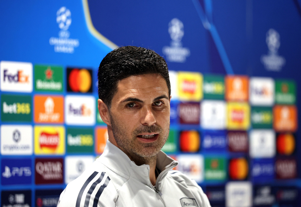 Arsenal manager Mikel Arteta attends a press conference in London, Monday, May 4, 2026, ahead of the Champions League semifinal second leg soccer match between Arsenal and Atletico Madrid on Tuesday. (Steven Paston/PA via AP)