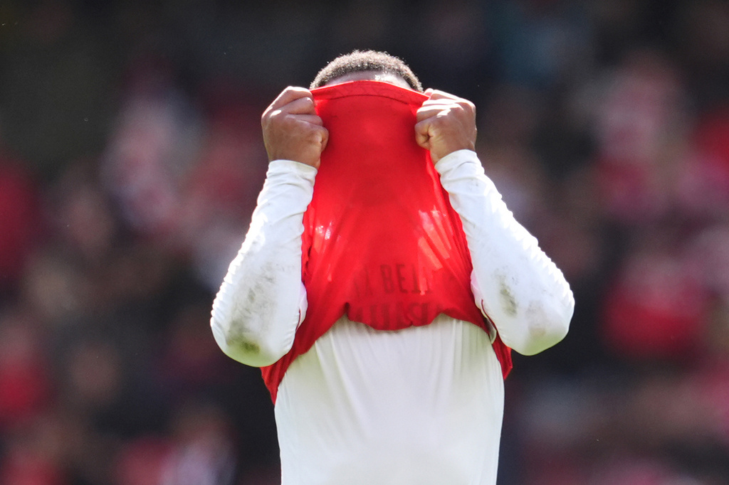 Arsenal's Gabriel reacts following defeat in Premier League soccer match between Arsenal and Bournemouth in London, England Saturday, April 11, 2026. (Adam Davy/PA via AP)