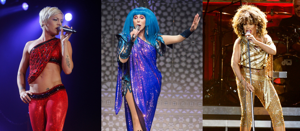 This combination of photos show Bob Mackie fashion on, from left, Pink in Manchester, England, on April 25, 2009, Cher in Philadelphia on Dec. 6, 2019, and Tina Turner in London on March 3, 2009. (AP Photo)