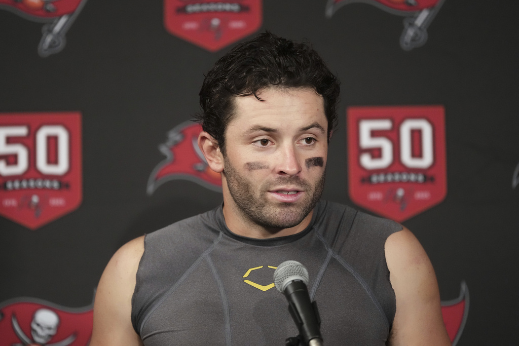 Tampa Bay Buccaneers' Baker Mayfield responds to questions during a news conference after the team's NFL football game against the Houston Texans Monday, Sept. 15, 2025, in Houston, Texas. (AP Photo/Eric Gay)