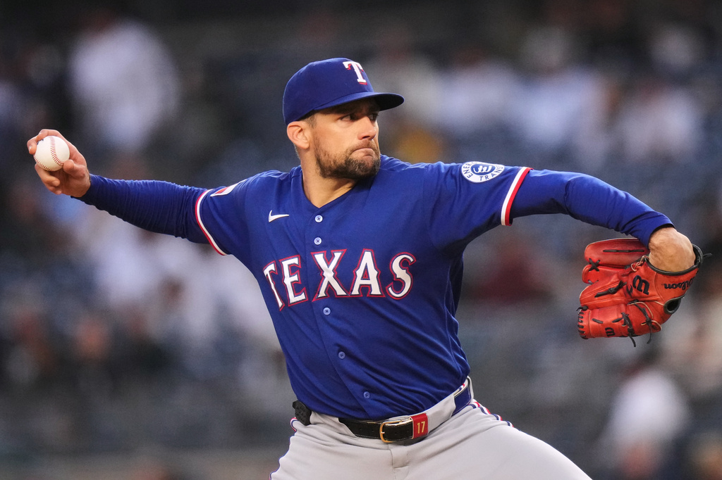 Texas Rangers' Nathan Eovaldi pitches during the first inning of a baseball game against the New York Yankees, Wednesday, May 6, 2026, in New York. (AP Photo/Frank Franklin II)