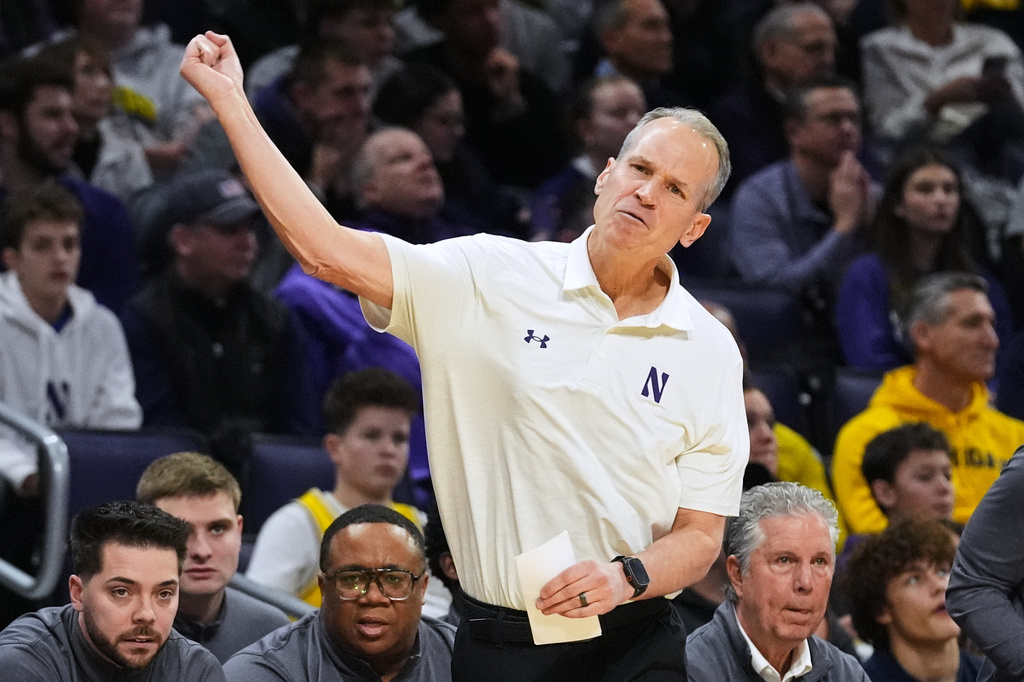 Northwestern head coach Chris Collins reacts to a call during the first half of an NCAA college basketball game against Michigan in Evanston, Ill., Wednesday, Feb. 11, 2026. (AP Photo/Nam Y. Huh)