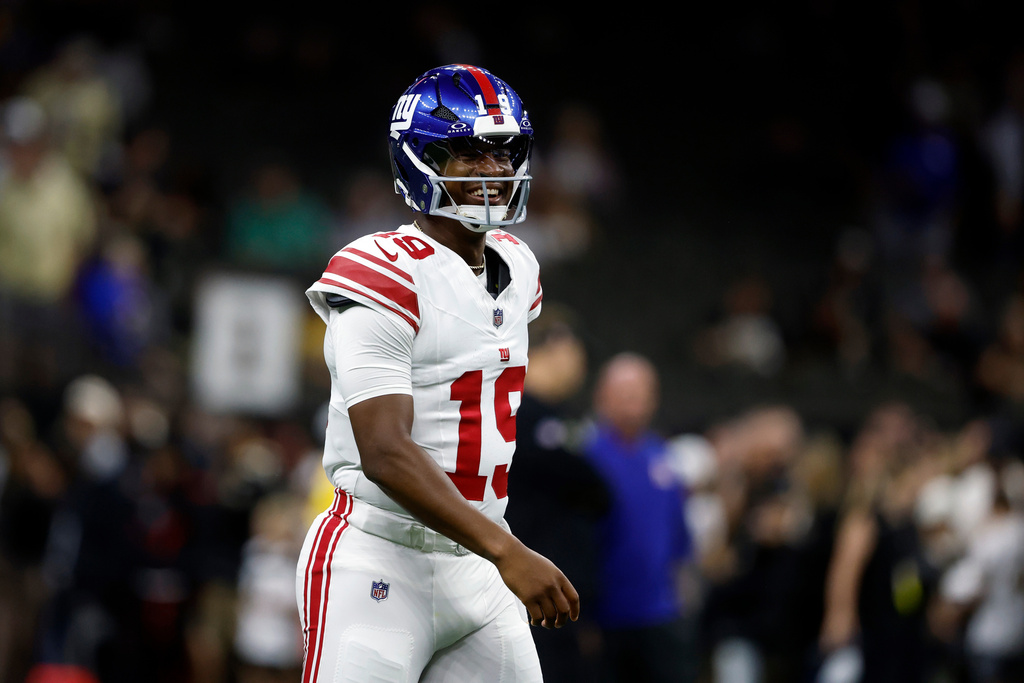 FILE - New York Giants quarterback Jameis Winston before an NFL football game against the New Orleans Saints, Oct. 5, 2025, in New Orleans. (AP Photo/Butch Dill, File)
