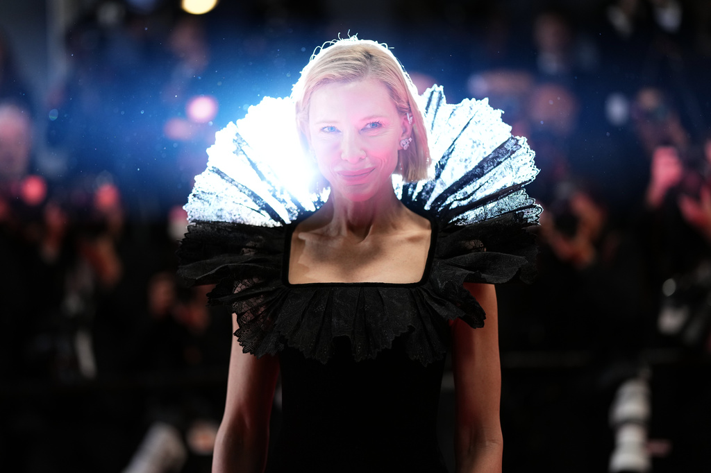 Cate Blanchett poses for photographers upon arrival at the premiere of the film 'Paper Tiger' at the 79th international film festival, Cannes, southern France, Saturday, May 16, 2026. (Photo by Scott A Garfitt/Invision/AP)