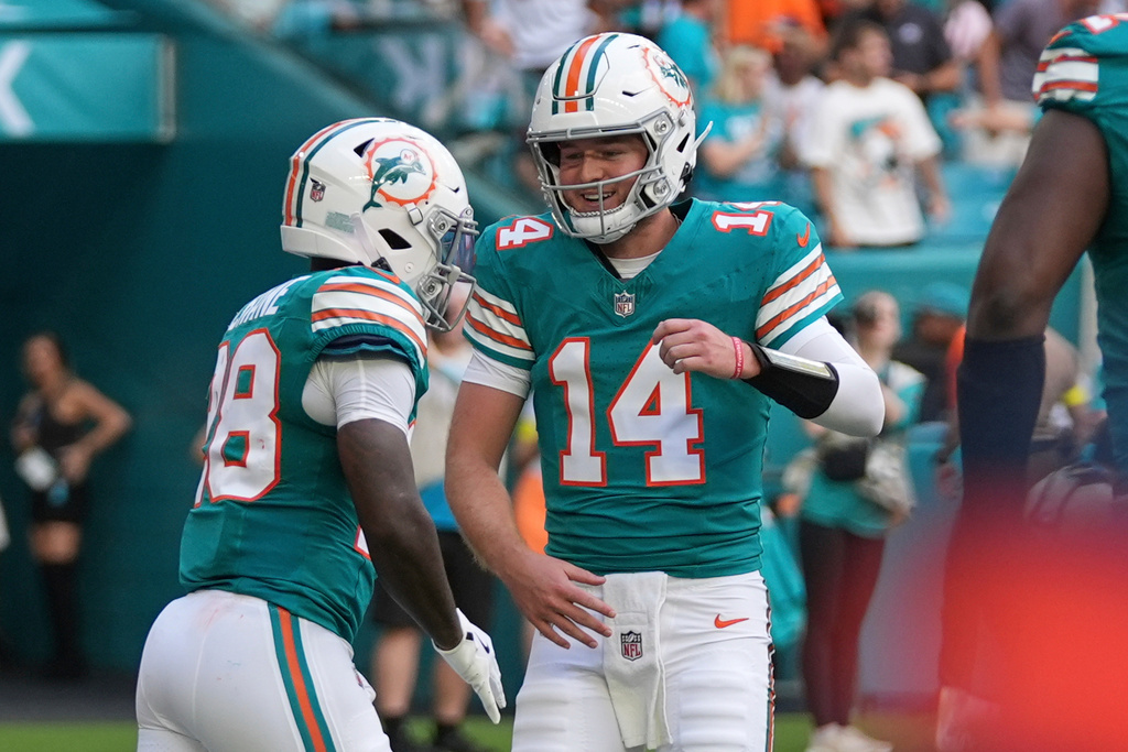 Miami Dolphins running back De'Von Achane, left, celebrates his touchdown with quarterback Quinn Ewers during the first half of an NFL football game against the Cincinnati Bengals, Sunday, Dec. 21, 2025, in Miami Gardens, Fla. (AP Photo/Lynne Sladky)