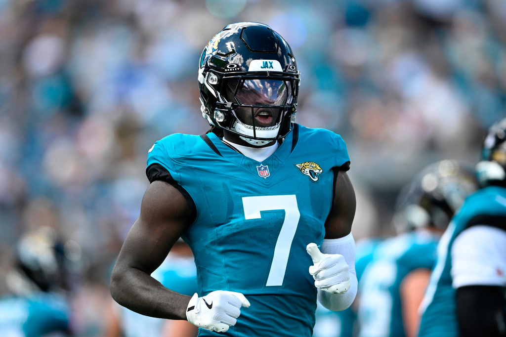 FILE - Jacksonville Jaguars wide receiver Brian Thomas Jr. (7) sets up for a play against the Seattle Seahawks during the first half of an NFL football game, Oct. 12, 2025, in Jacksonville, Fla. (AP Photo/Phelan M. Ebenhack, File)