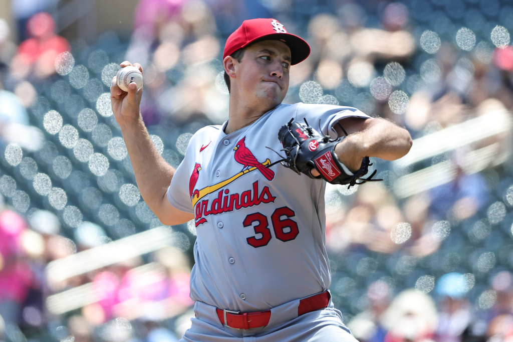 St. Louis Cardinals pitcher Michael McGreevy throws to the Minnesota Twins during the first inning of a baseball game Sunday, June 14, 2026, in Minneapolis. (AP Photo/Ellen Schmidt)