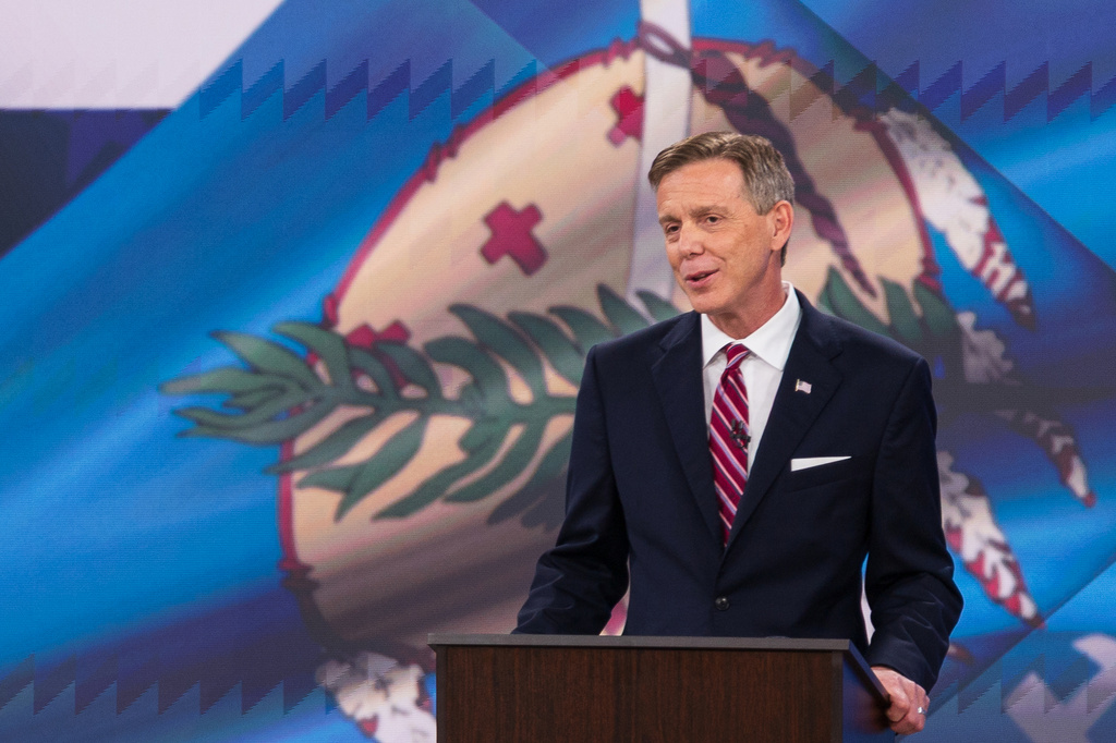 Oklahoma Republican gubernatorial candidate Mike Mazzei delivers his closing remarks at a televised debate in Tulsa, Okla., Monday, Aug. 3, 2026. (Jake Ramsey/Oklahoma Watch via AP)