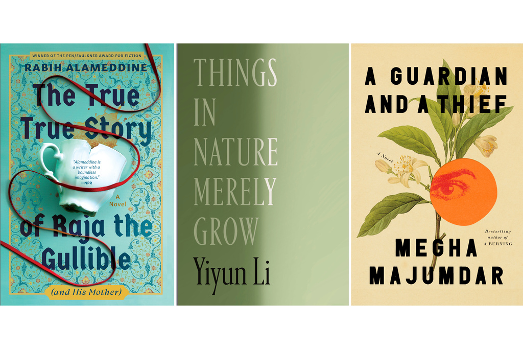 This combination of book covers shows, from left, "The True True Story of Raja the Gullible (and His Mother) by Rabih Alameddine, "Things in Nature Merely Grow" by Yiyun Li, and "A Guardian and a Thief" by Megha Majumdar. (Grove Press/Farrar, Straus and Giroux/Knopf via AP)