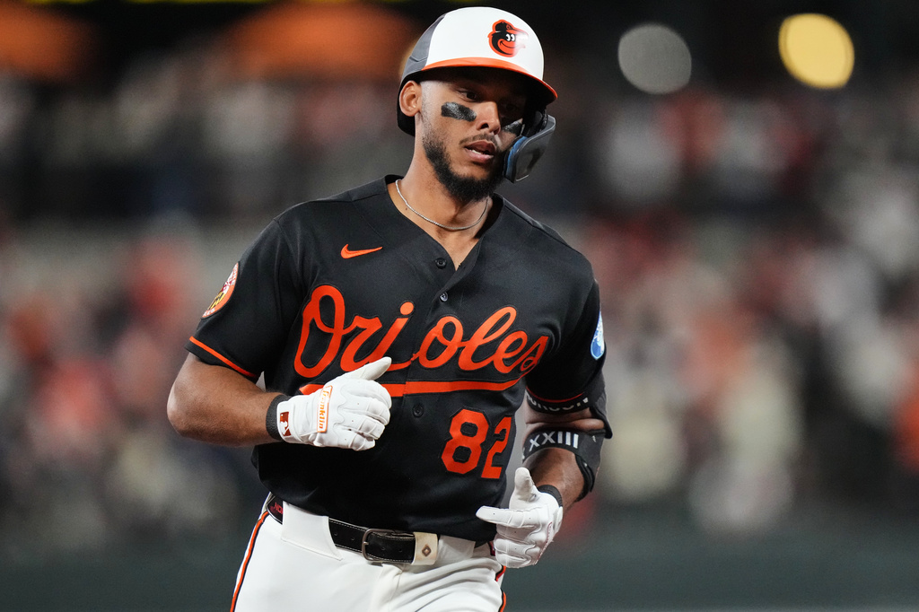 Baltimore Orioles' Jeremiah Jackson (82) rounds the bases after hitting a home run during the seventh inning of a baseball game against the San Francisco Giants, Saturday, April 11, 2026, in Baltimore. (AP Photo/Stephanie Scarbrough)