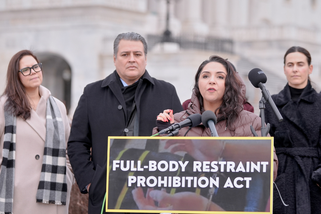 Rep. Delia Ramirez, D-Ill, speaks during a news conference to introduce The Full Body Restraint Prohibition Act on Capitol Hil, Wednesday, Feb. 25, 2026, in Washington. (AP Photo/Mariam Zuhaib)