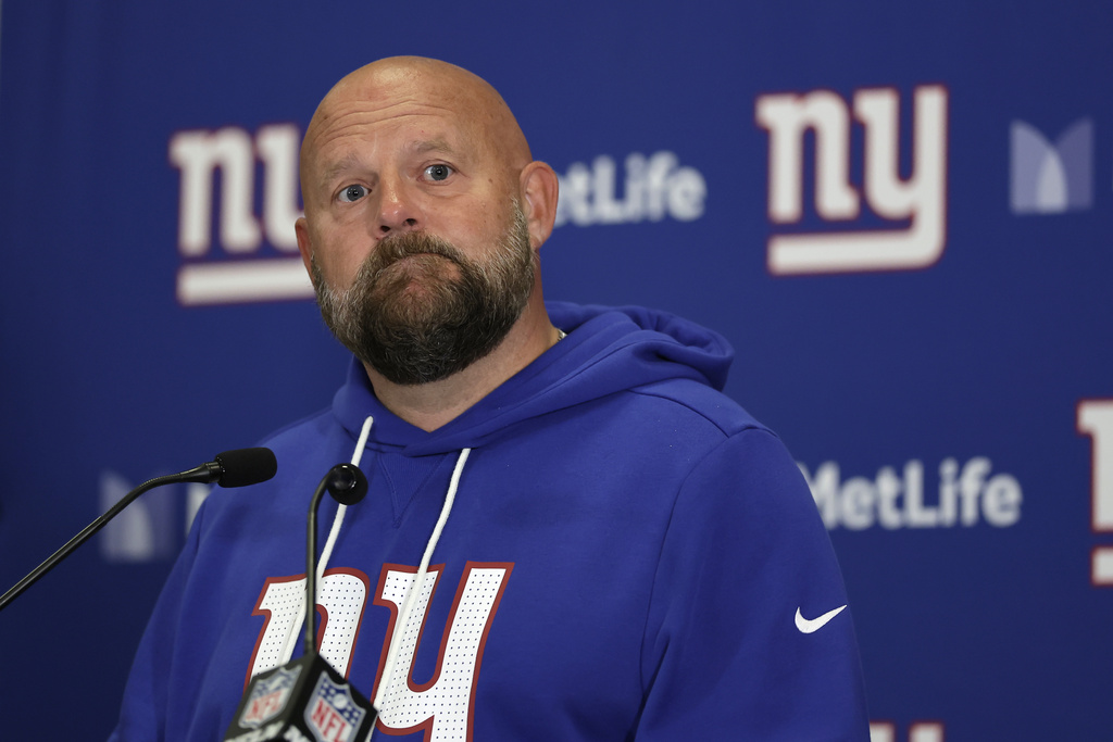New York Giants head coach Brian Daboll speaks during a news conference following an NFL football game against the Kansas City Chiefs Sunday, Sept. 21, 2025, in East Rutherford, N.J. (AP Photo/Adam Hunger)