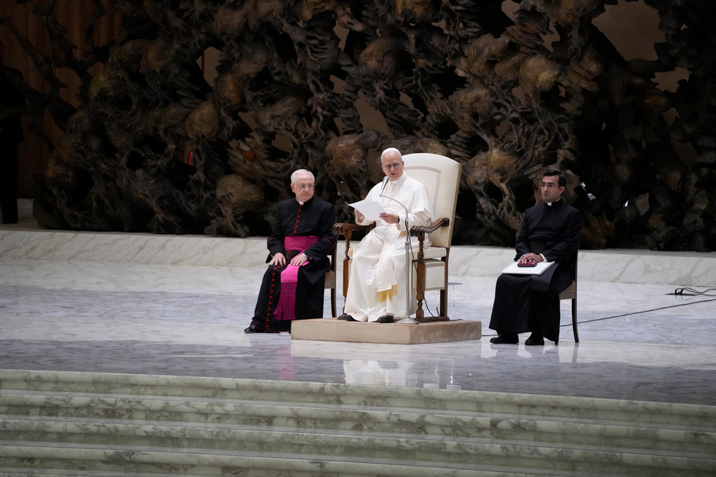 Pope Leo XIV speaks at a commemoration of the 60th anniversary of the Vatican 1965 declaration Nostra Aetate (In Our Time) in the Paul VI Hall at the Vatican, Tuesday, Oct. 28, 2025. (AP Photo/Gregorio Borgia)