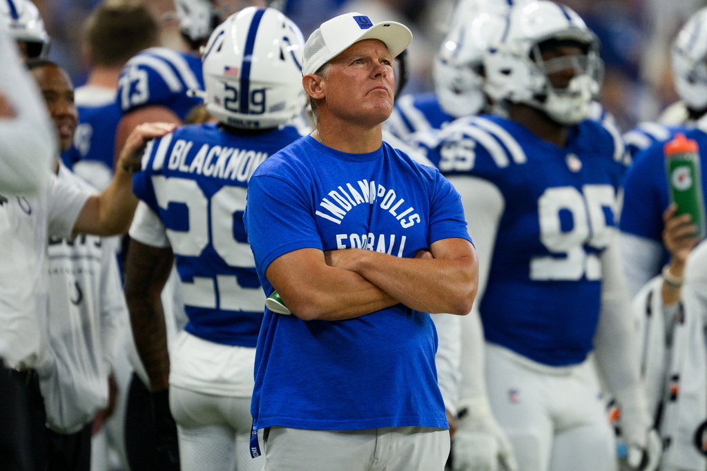 FILE - Indianapolis Colts general manager Chris Ballard on the sidelines during an NFL preseason football game against the Atlanta Falcons in Indianapolis, Aug. 22, 2026. (AP Photo/Zach Bolinger, File)