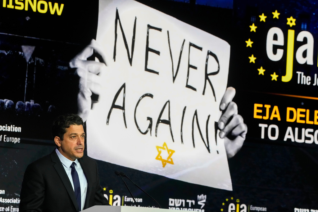 FILE - Amichai Chikli, Israeli minister of diaspora affairs and social equality, addresses the European Jewish Association's conference in Krakow, Poland, Jan. 22, 2024. (AP Photo/Czarek Sokolowski, File)