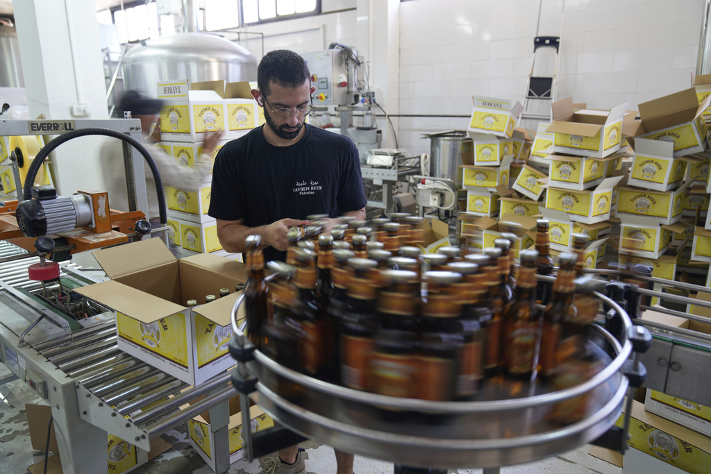 Canaan Khoury packs Taybeh beer bottles into boxes on a production line of the family's Palestinian Taybeh Brewery Co. in the West Bank town of Taybeh, Saturday, Sept. 6, 2025. (AP Photo/Nasser Nasser)