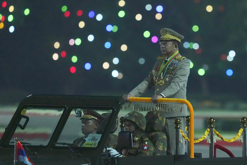 FILE - Senior Gen. Min Aung Hlaing, head of the military council, inspects officers during a parade to commemorate Myanmar's 80th Armed Forces Day in Naypyitaw, Myanmar, March 27, 2025. (AP Photo/Aung Shine Oo, File)