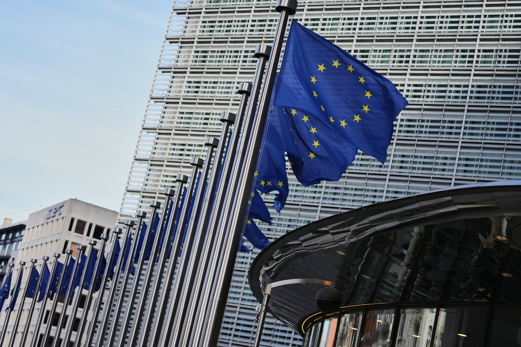 FILE - European Union flags flap in the wind outside of EU headquarters in Brussels, Nov. 4, 2025. (AP Photo/Virginia Mayo, File)