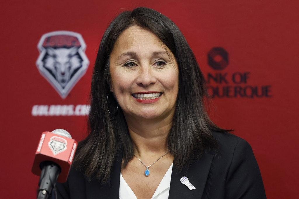 FILE - Gloria Nevarez speaks during a news conference before an NCAA college basketball game between Air Force and New Mexico in Albuquerque, N.M., Jan. 27, 2023. (AP Photo/Eric Draper, File)