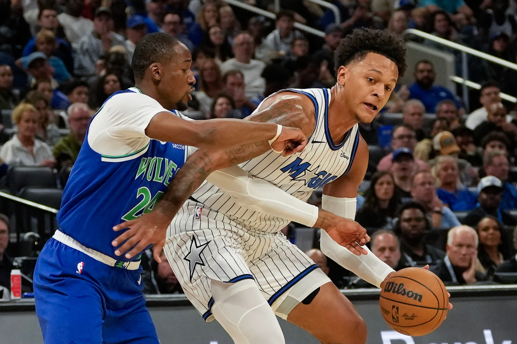 Orlando Magic forward Paolo Banchero, right, tries to get past Minnesota Timberwolves forward Jonathan Kuminga, left, during the first half of an NBA basketball game, Friday, Oct. 23, 2026, in Orlando, Fla. (AP Photo/John Raoux)