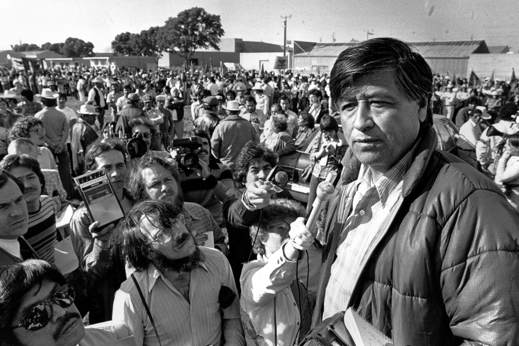 FILE - United Farm Workers President Cesar Chavez talks to striking Salinas Valley farmworkers during a large rally in Salinas, Calif., on March 7, 1979. (AP Photo/Paul Sakuma, File)