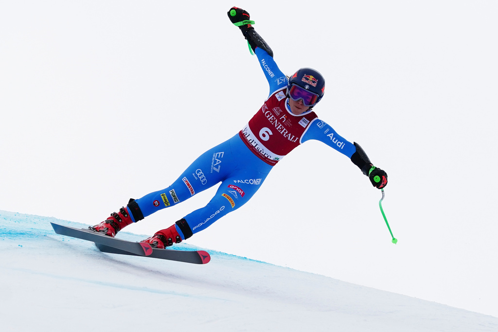 Italy's Sofia Goggia speeds down the course during an alpine ski, women's World Cup super-G in Val d'Isere, France, Sunday, Dec. 21, 2025. (AP Photo/Pier Marco Tacca)