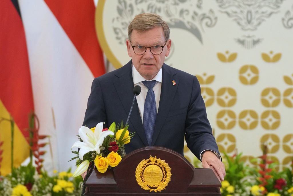 German Foreign Minister Johann Wadephul speaks during a joint press conference after his meeting with his Indonesian counterpart Sugiono in Jakarta, Indonesia, Wednesday, Aug. 20, 2025. (AP Photo/Dita Alangkara)