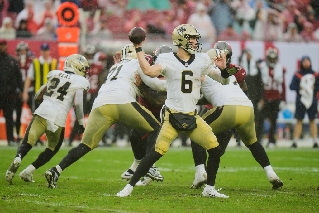 New Orleans Saints quarterback Tyler Shough (6) passes against the Tampa Bay Buccaneers in the second half of an NFL football game, Sunday, Dec. 7, 2025, in Tampa, Fla. (AP Photo/Chris O'Meara)