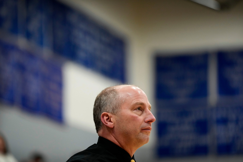 Newell-Fonda head coach Dick Jungers watches from the bench during a high school girls basketball game against Storm Lake, Jan. 6, 2026, in Newell, Iowa. (AP Photo/Charlie Neibergall)