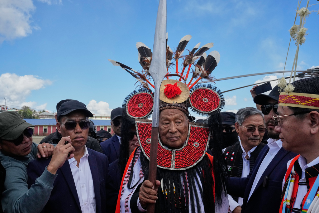 Thuingaleng Muivah, leader of the National Socialist Council of Nagaland (Isak-Muivah), is welcomed in Ukhrul, in the northeastern Indian state of Manipur, Wednesday, Oct. 22, 2025. (AP Photo/Anupam Nath)